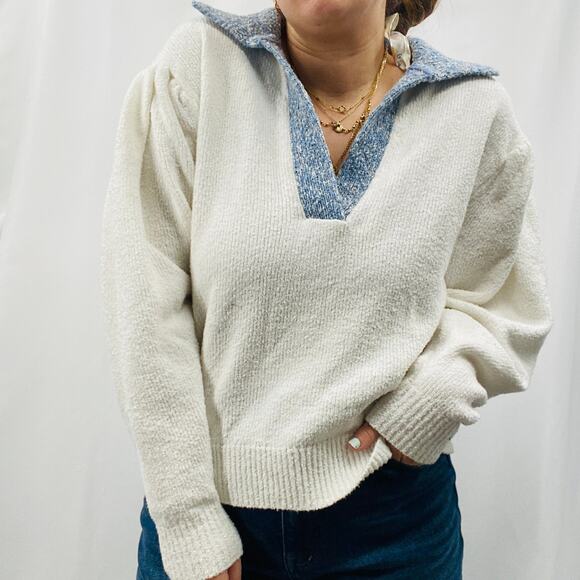 Tanya Taylor S white blue henley collar sweater - Picture 4 of 8